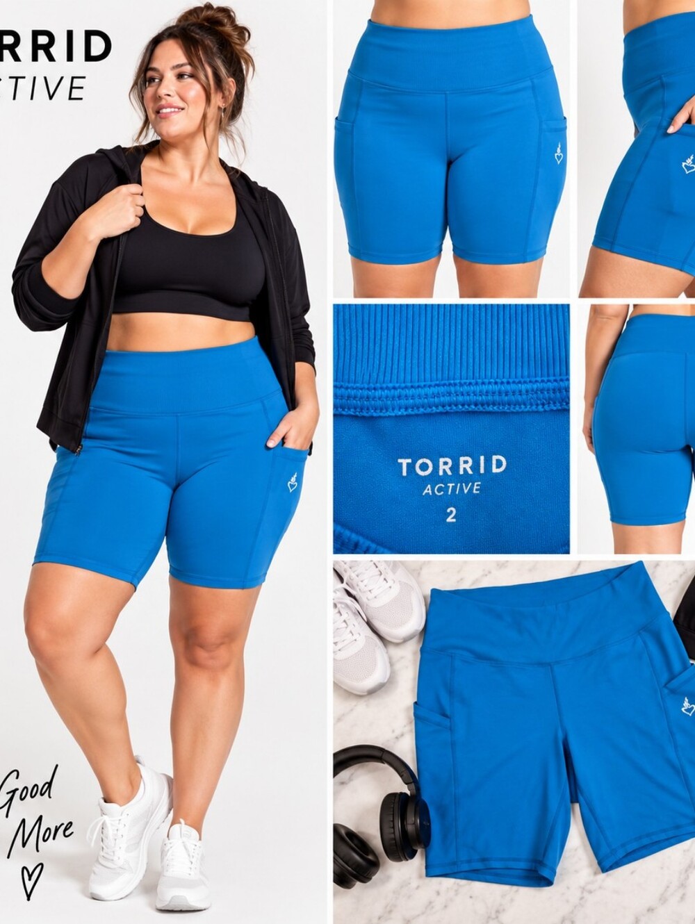 Torrid Active Size 2 Blue High Rise Bike Shorts Side Pockets Ribbed Waistband